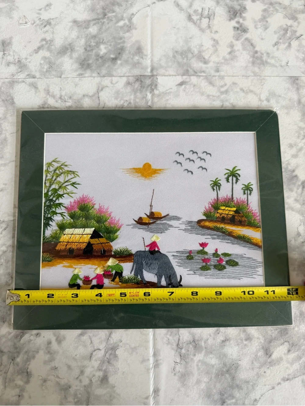 Vietnamese Hand-Embroidered Silk Landscape Village life Scene Wall Art 12x 10